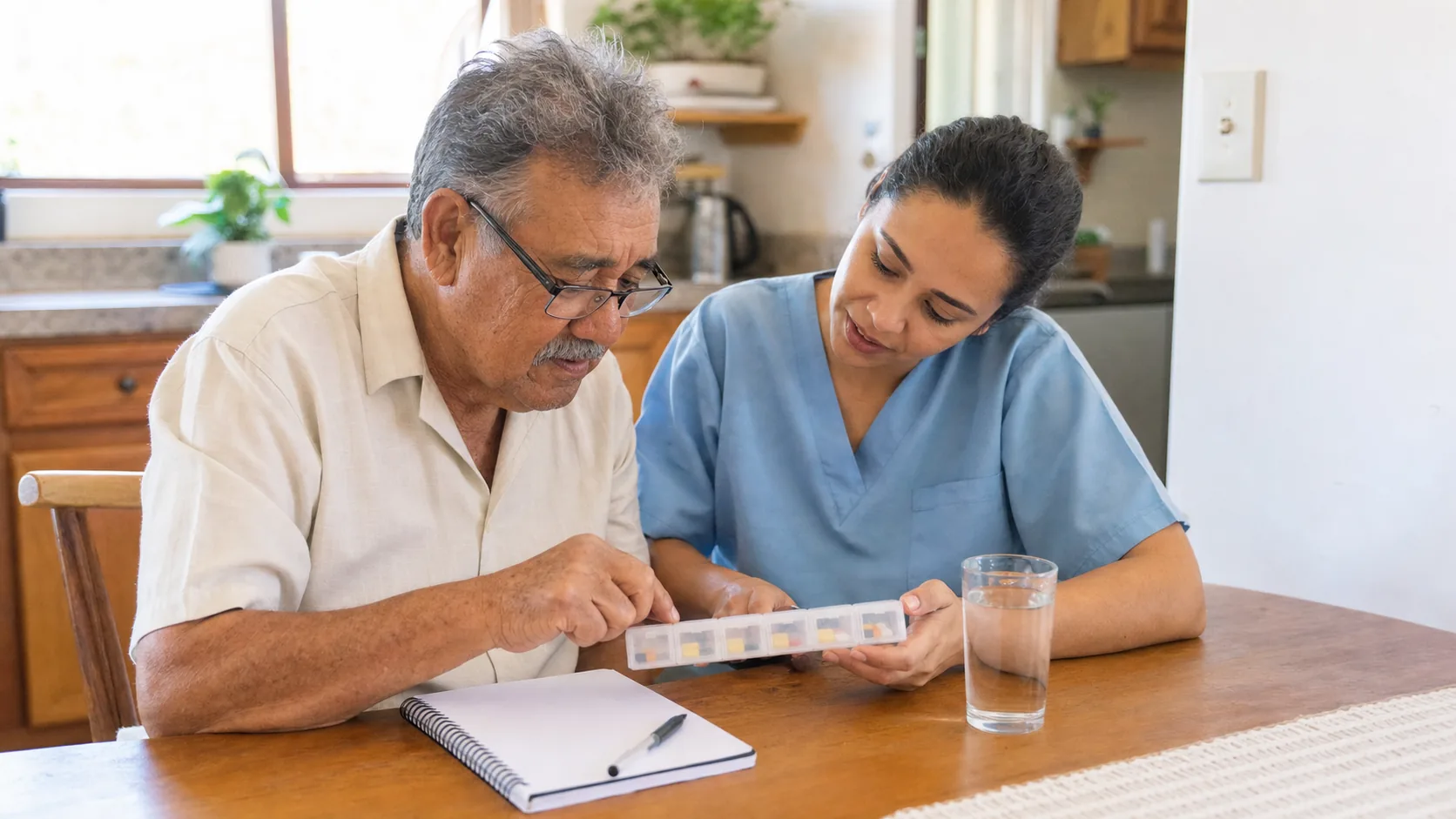 Profissional apoiando a organização de medicamentos em casa